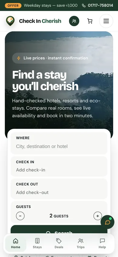 Check In Cherish homepage — mobile