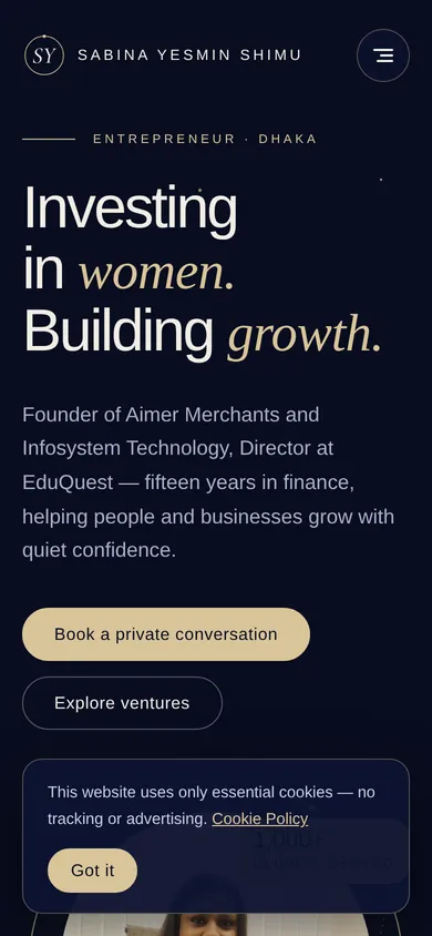 Sabina Yesmin Shimu homepage — mobile