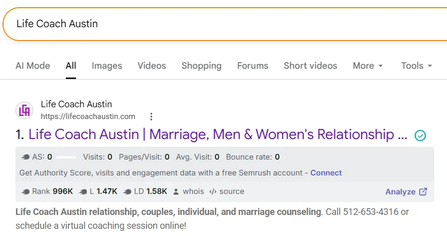 Google results for life coach Austin with lifecoachaustin.com in position 1
