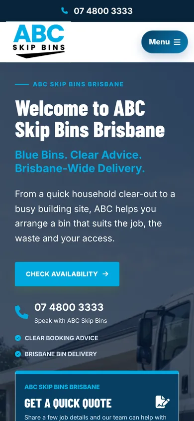 ABC Skip Bins Brisbane homepage design — mobile