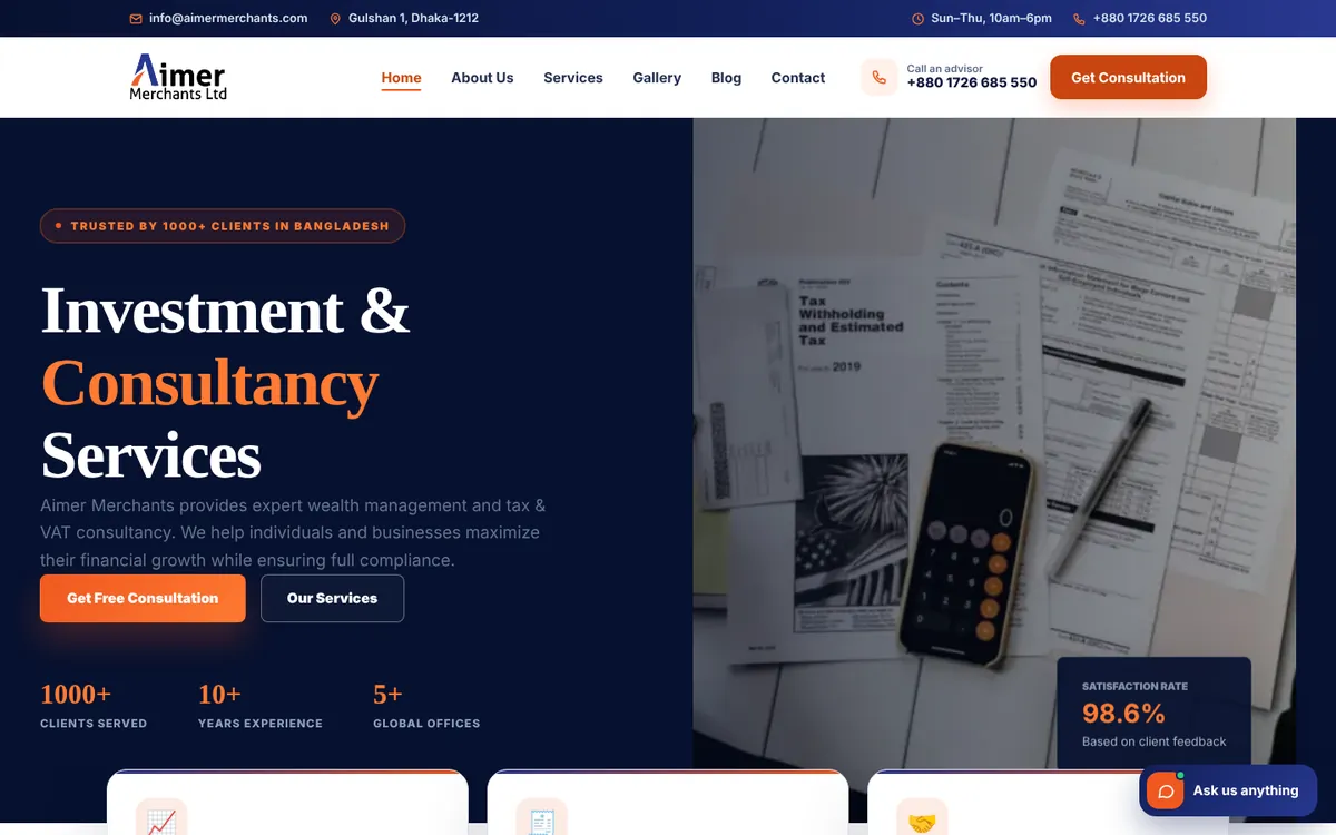 Aimer Merchants Ltd. homepage design — desktop