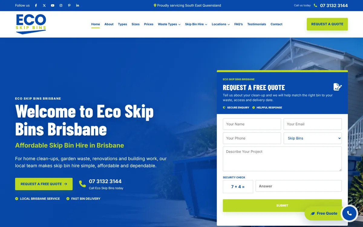 Eco Skip Bins Brisbane homepage design — desktop
