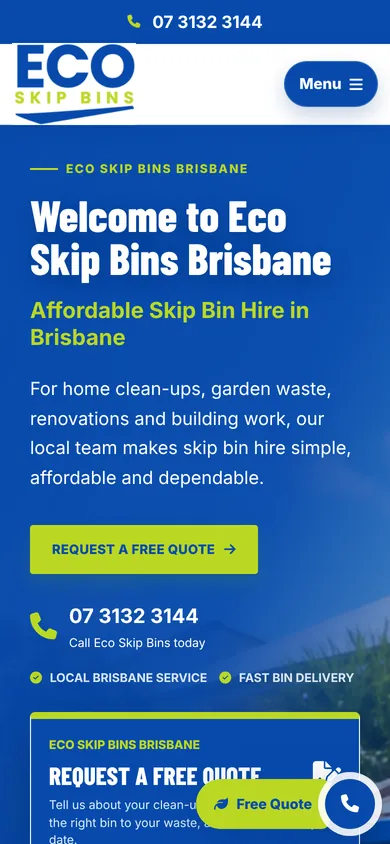Eco Skip Bins Brisbane homepage design — mobile