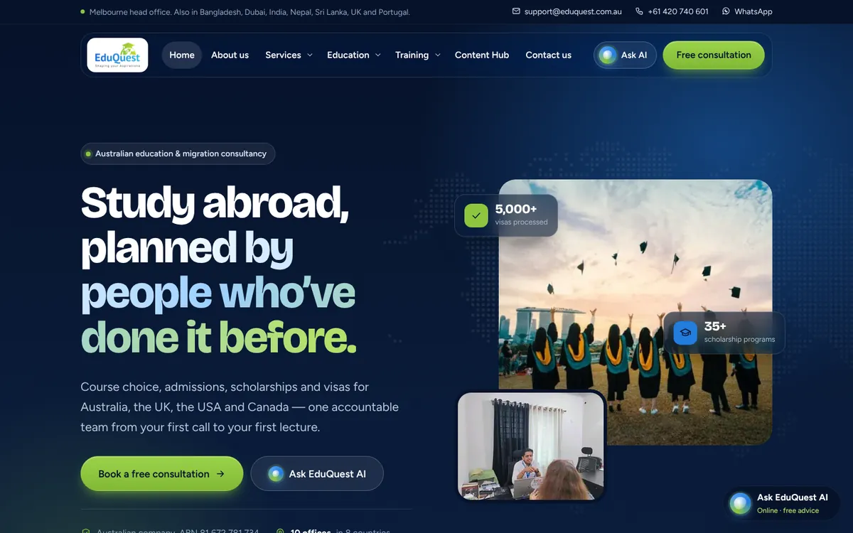 EduQuest Australia homepage design — desktop