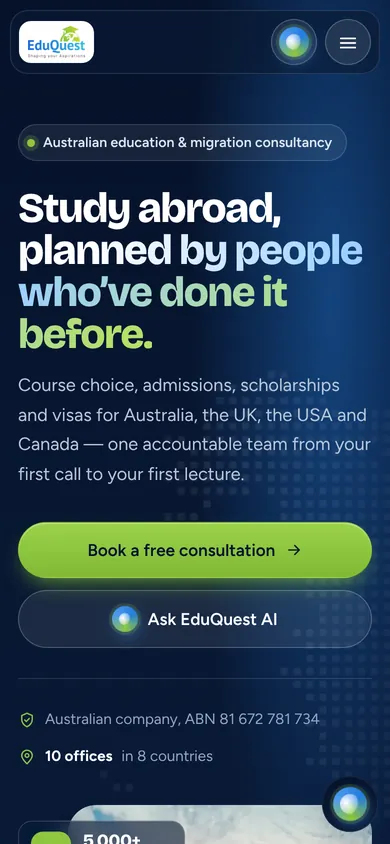 EduQuest Australia homepage design — mobile