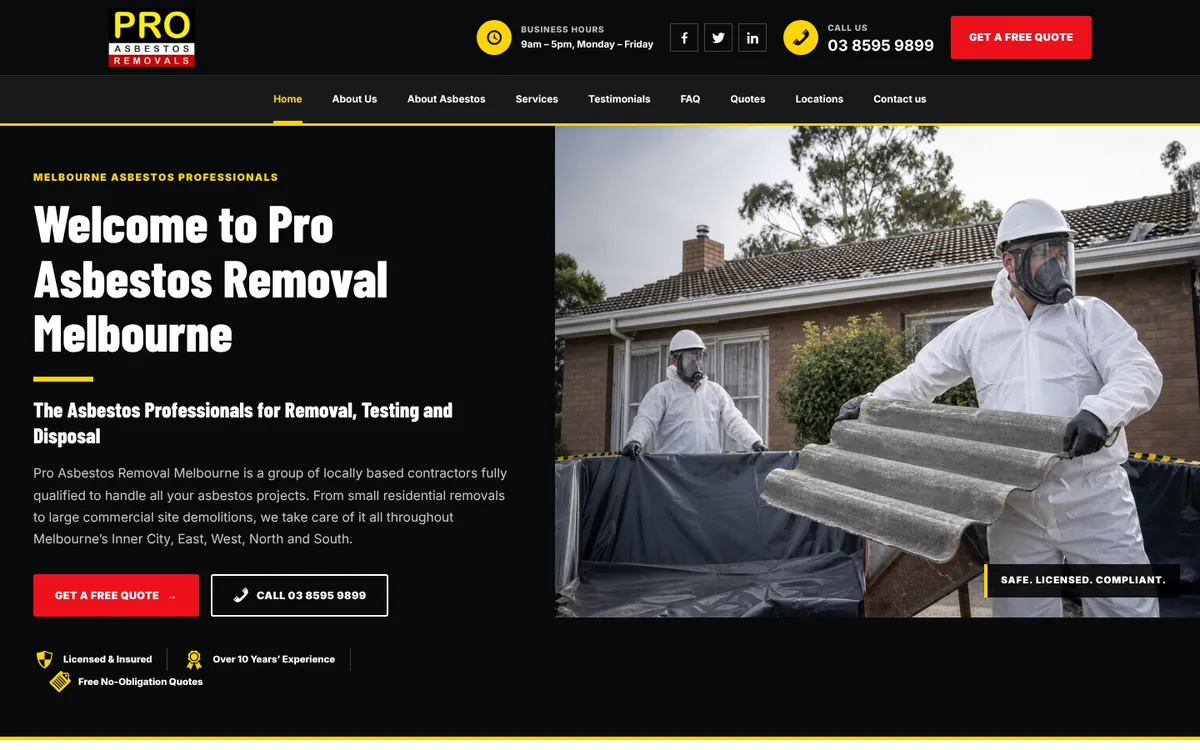 Pro Asbestos Removal Melbourne homepage design — desktop