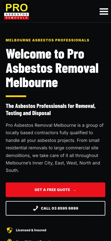 Pro Asbestos Removal Melbourne homepage design — mobile