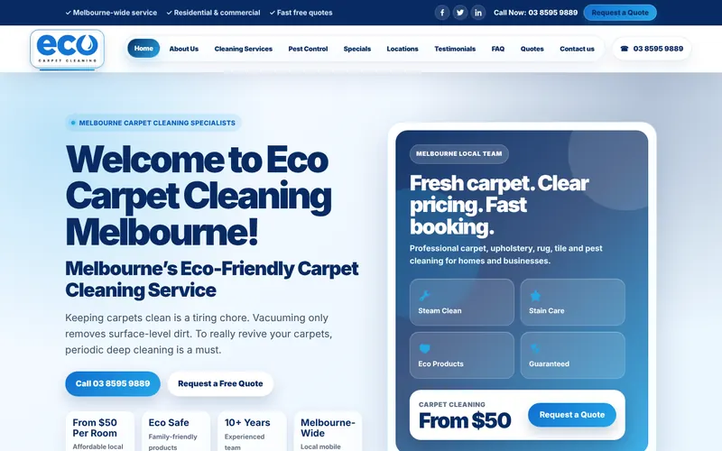 Eco Carpet Cleaning Melbourne website design — homepage