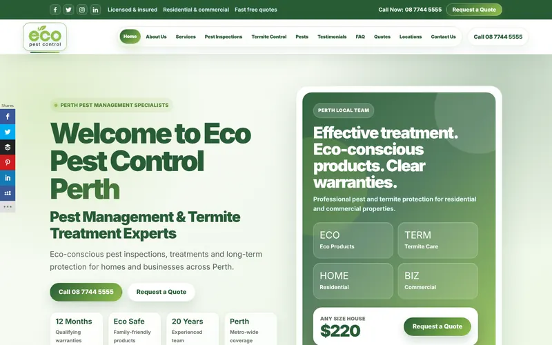Eco Pest Control Perth website design — homepage
