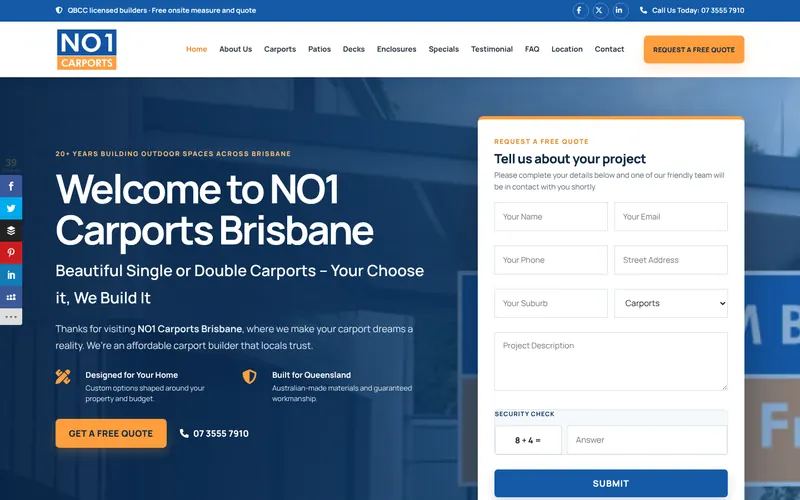 NO1 Carports Brisbane website design — homepage