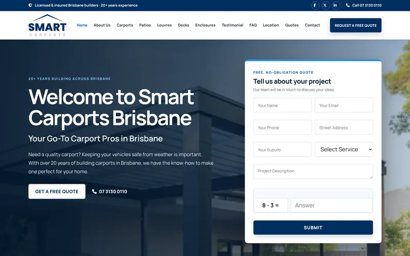 Smart Carports Brisbane website design — homepage