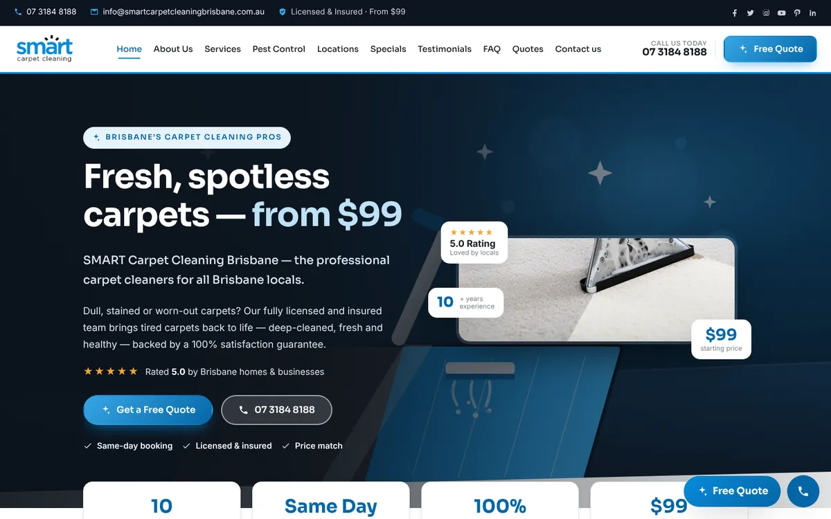 Smart Carpet Cleaning Brisbane homepage design — desktop