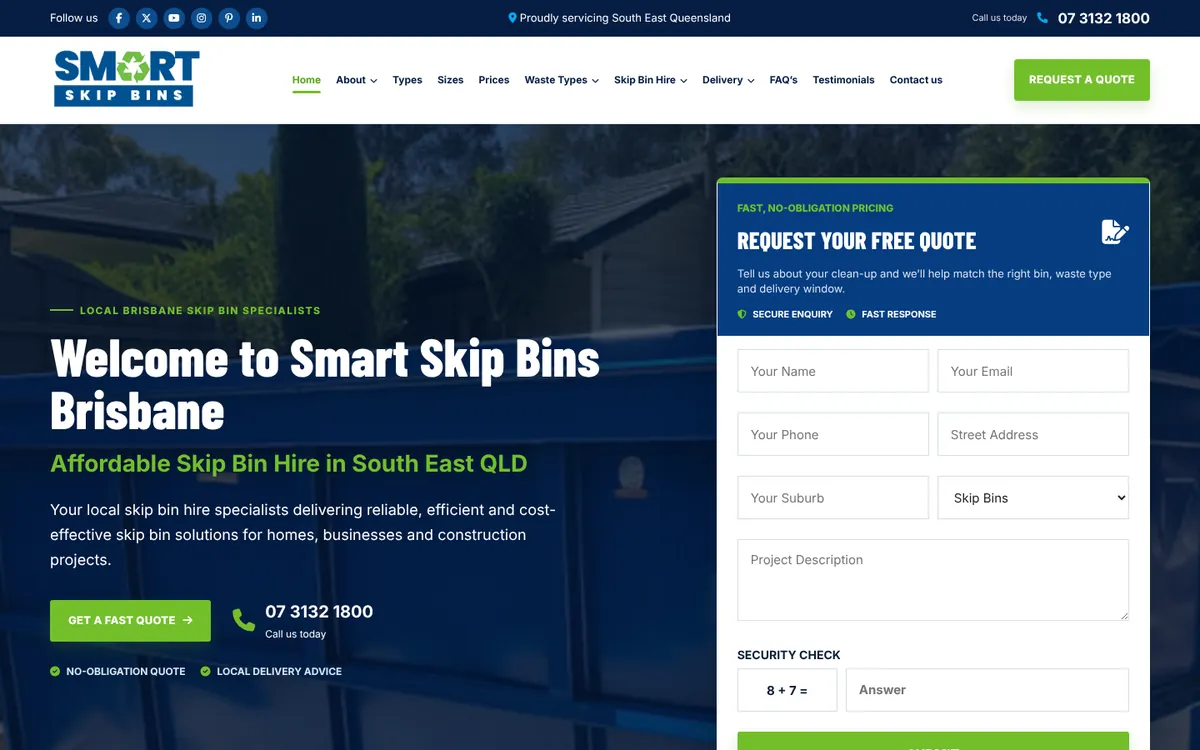 Smart Skip Bins Brisbane homepage design — desktop