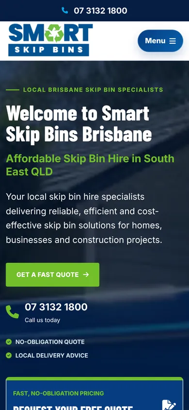 Smart Skip Bins Brisbane homepage design — mobile