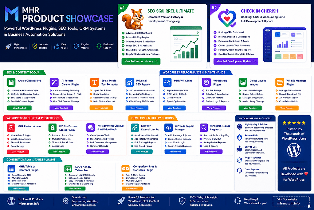 MHR Product Showcase – WordPress Plugins, SEO Tools, CRM Systems & Business Automation Solutions