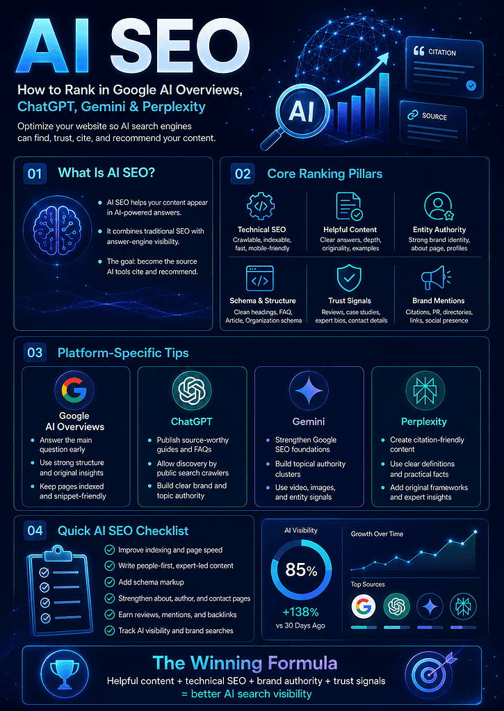 AI SEO infographic showing modern search visibility across Google AI Overviews, ChatGPT, Gemini and Perplexity