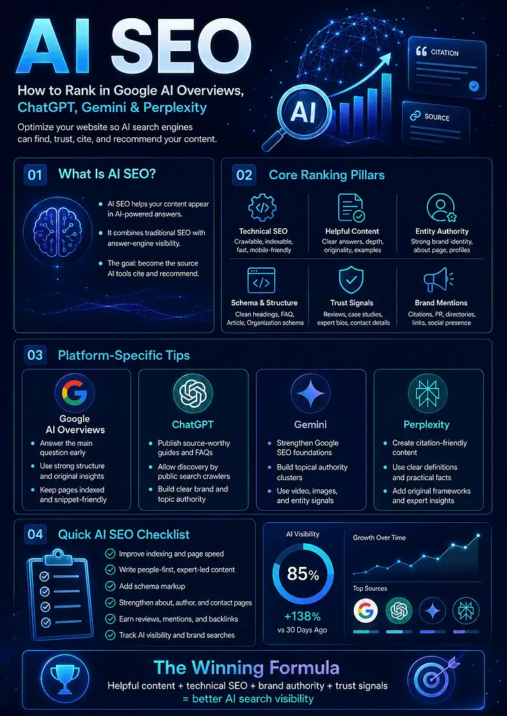 AI SEO infographic showing modern search visibility across Google AI Overviews, ChatGPT, Gemini and Perplexity