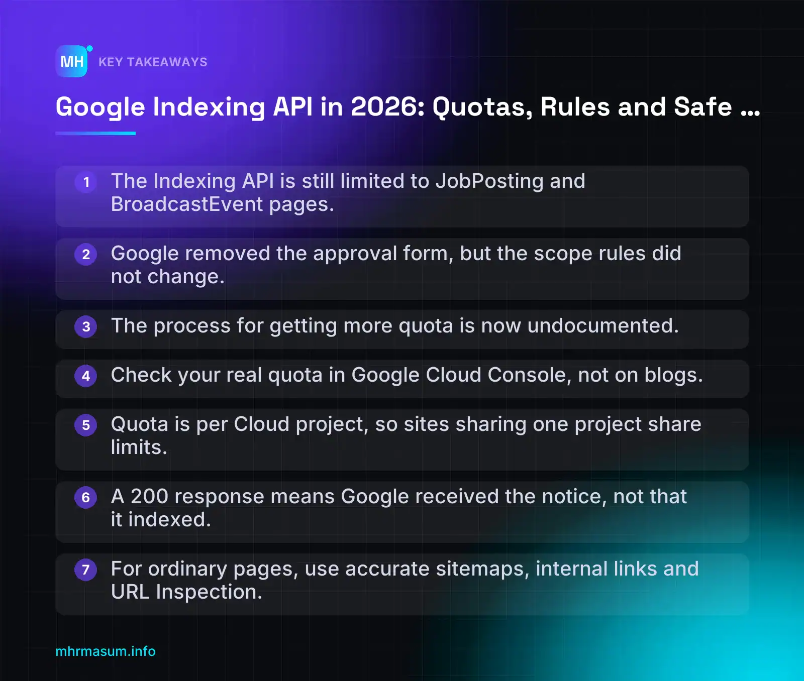 Google Indexing API in 2026: Quotas, Rules and Safe Alternatives — key takeaways