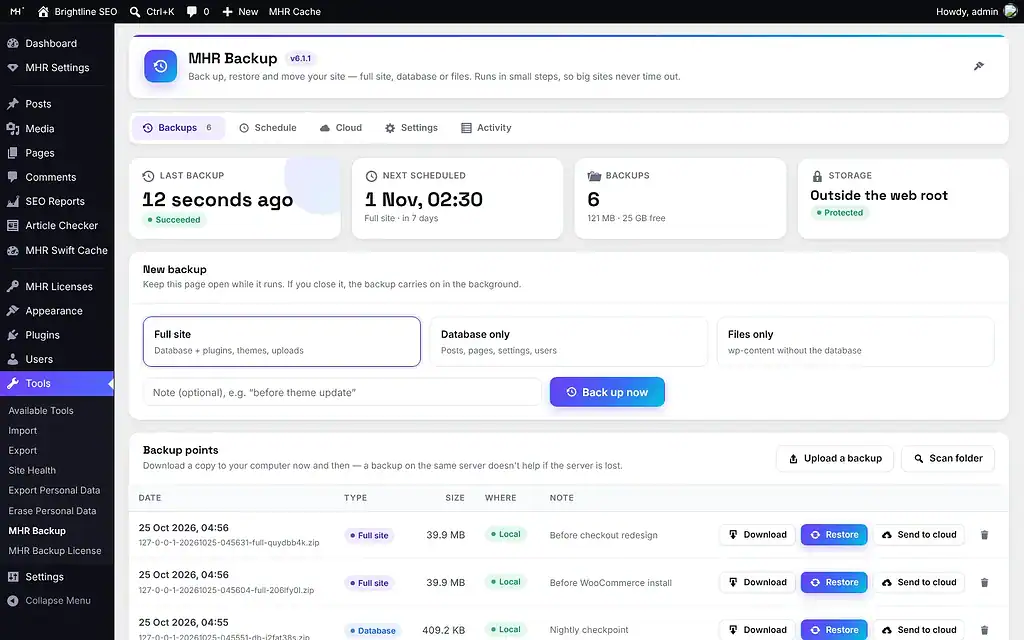 MHR Backup — Backups tab: Back up now and the backup list