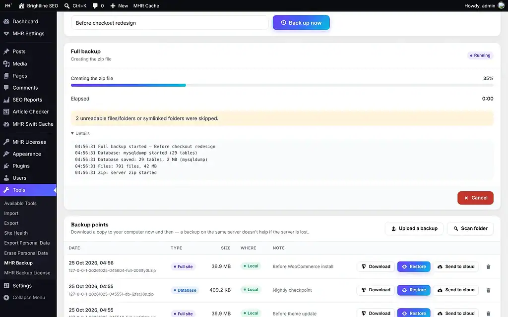 MHR Backup — Backup progress panel