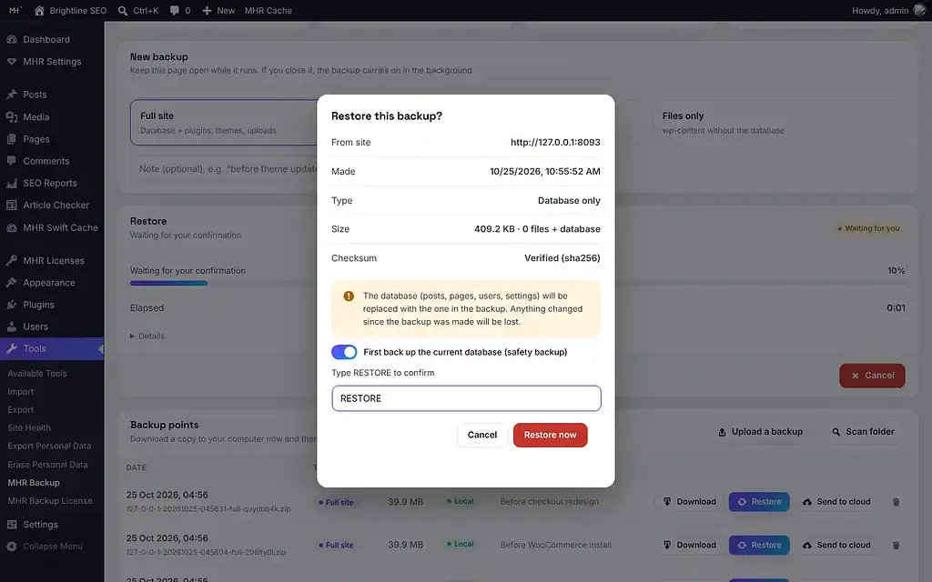 MHR Backup — Restore summary with typed RESTORE