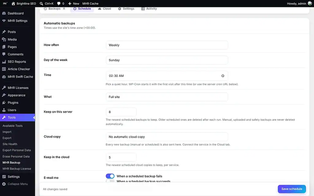 MHR Backup — Schedule tab