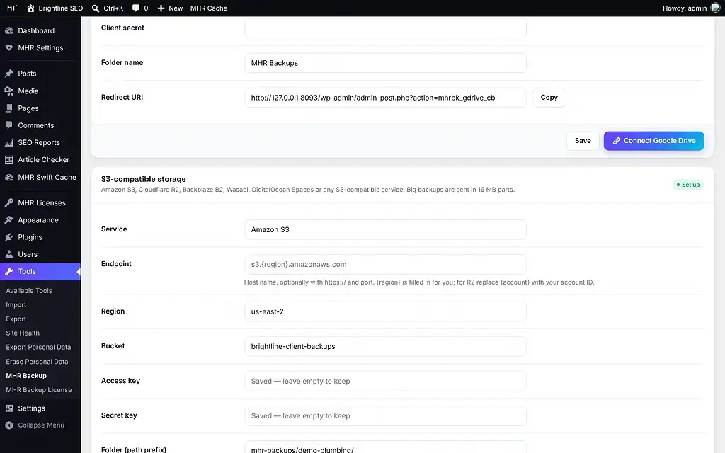 MHR Backup — Cloud tab: S3 and Google Drive