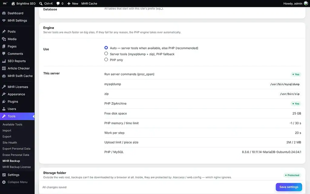 MHR Backup — Settings: engine and diagnostics