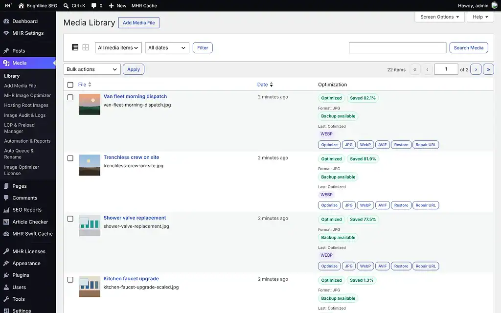MHR Image Optimizer Pro — Media Library list view with the MHR status column