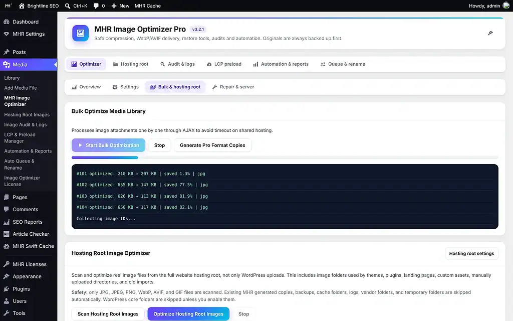 MHR Image Optimizer Pro — Bulk & hosting root tab during a bulk run