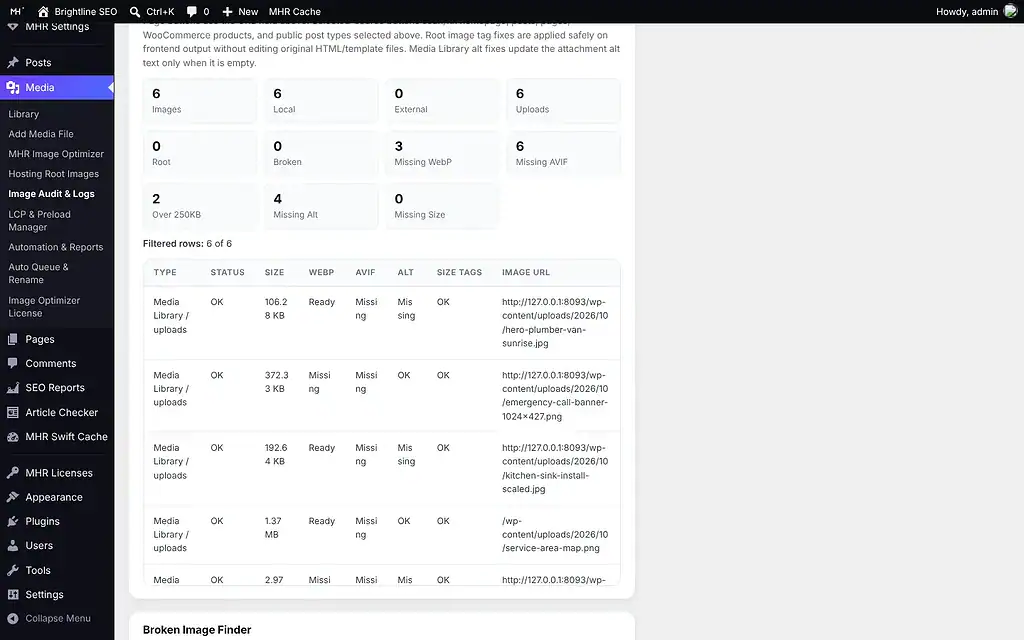 MHR Image Optimizer Pro — Image Audit & Logs: page scan results