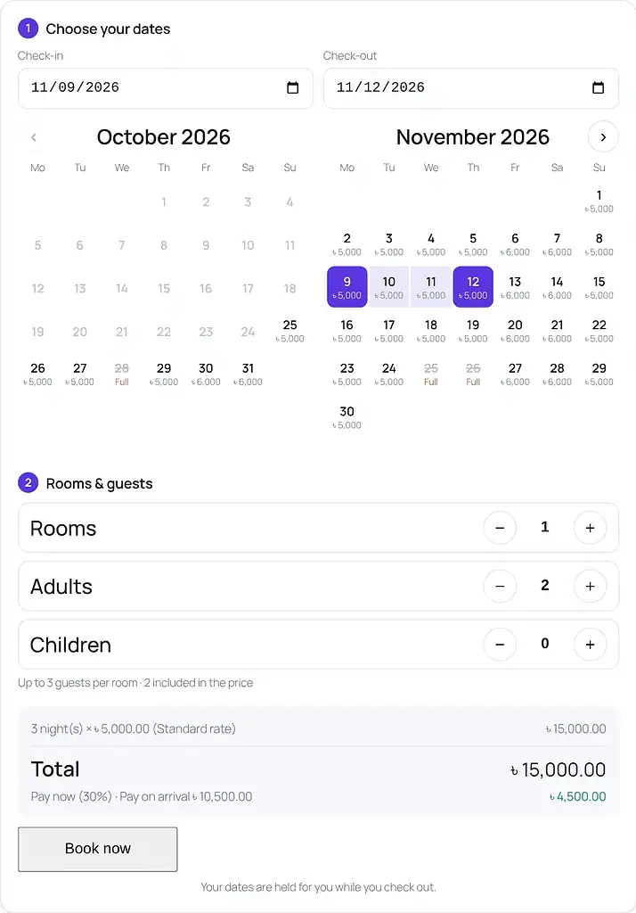 Stay & Tour CRM — Booking form with availability calendar and live price
