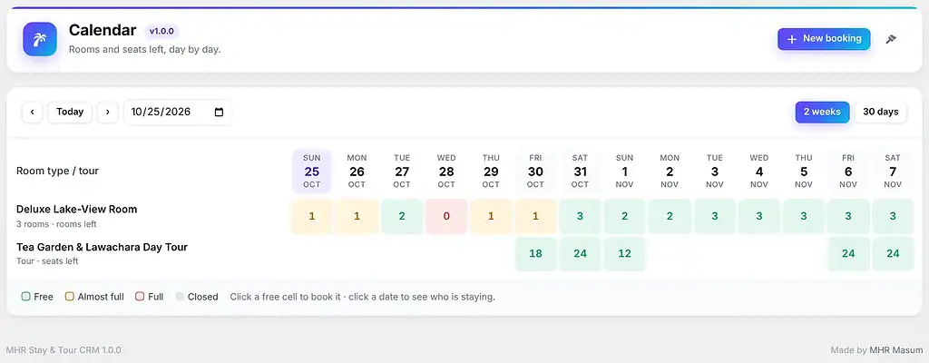 Stay & Tour CRM — Calendar: rooms and seats left per day