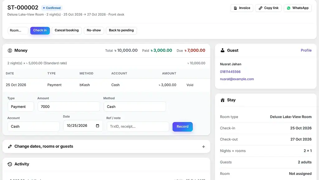 Stay & Tour CRM — A booking: payments, check-in and guest