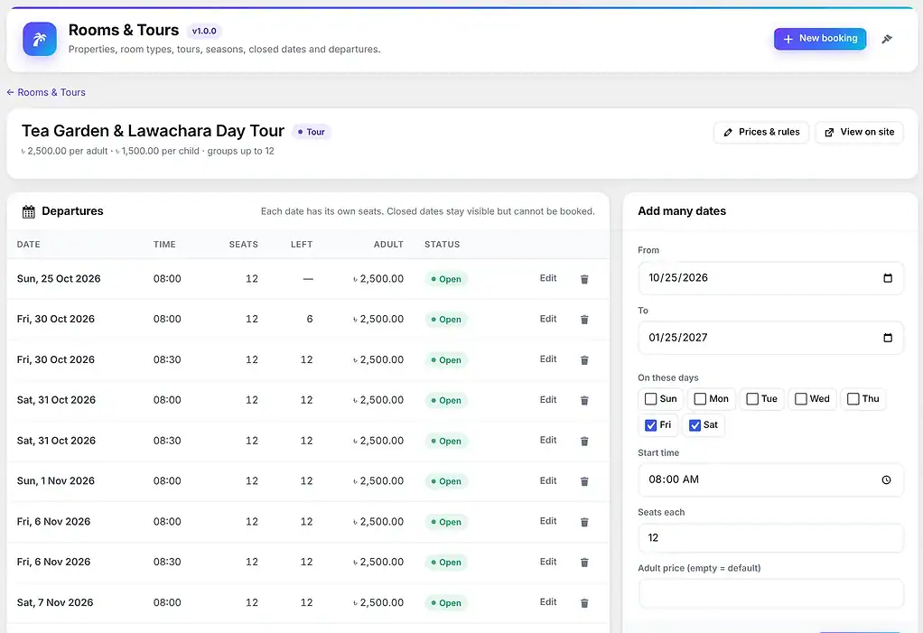 Stay & Tour CRM — Tour departures with seats left
