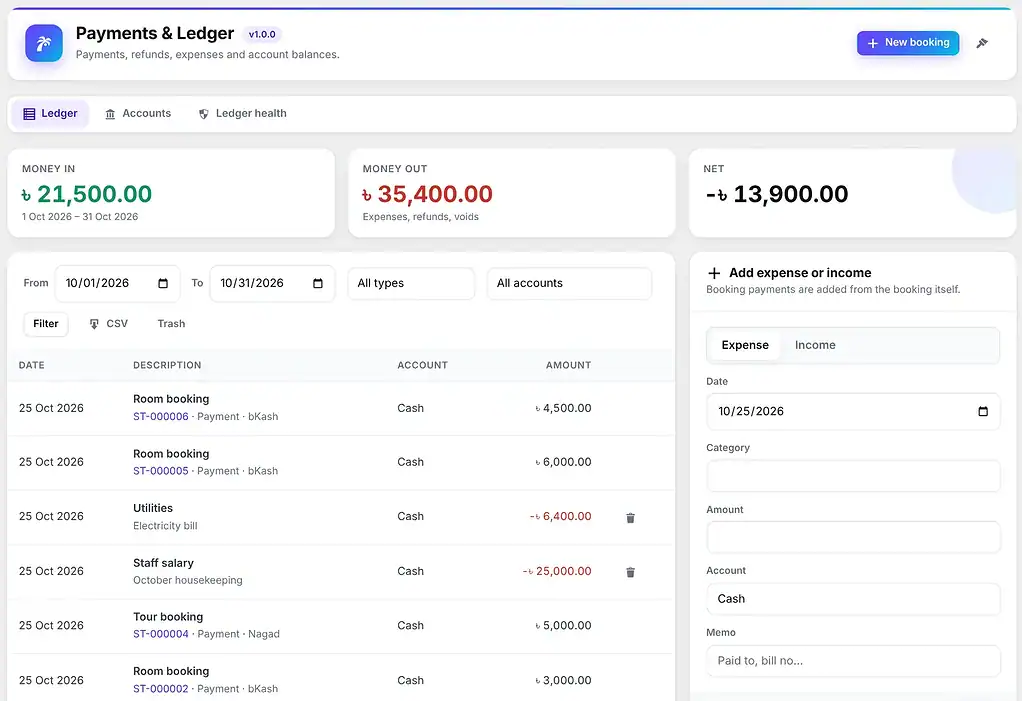 Stay & Tour CRM — Payments & Ledger