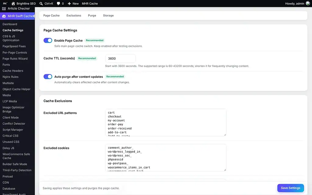 MHR Swift Cache — Cache Settings: Page Cache and Exclusions tabs