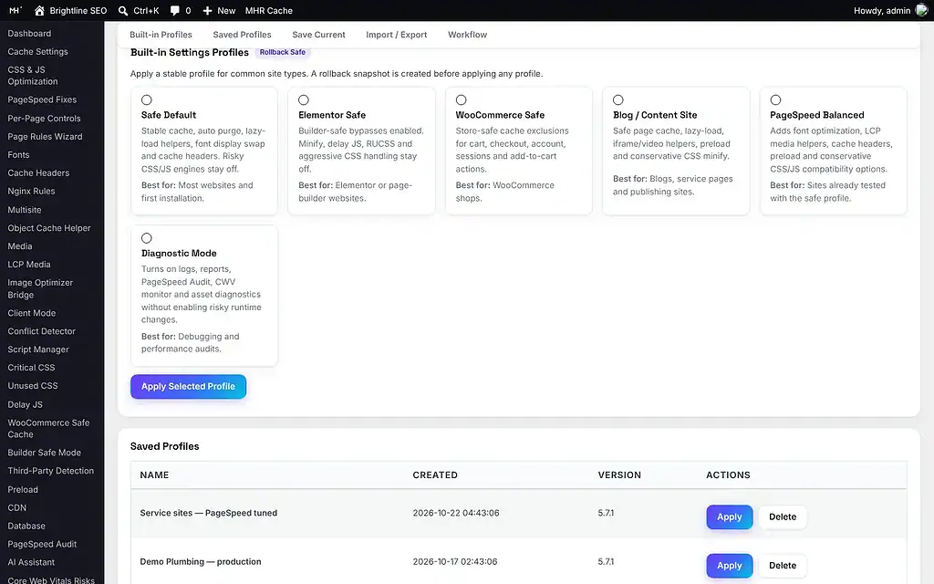 MHR Swift Cache — Settings Presets: built-in profiles
