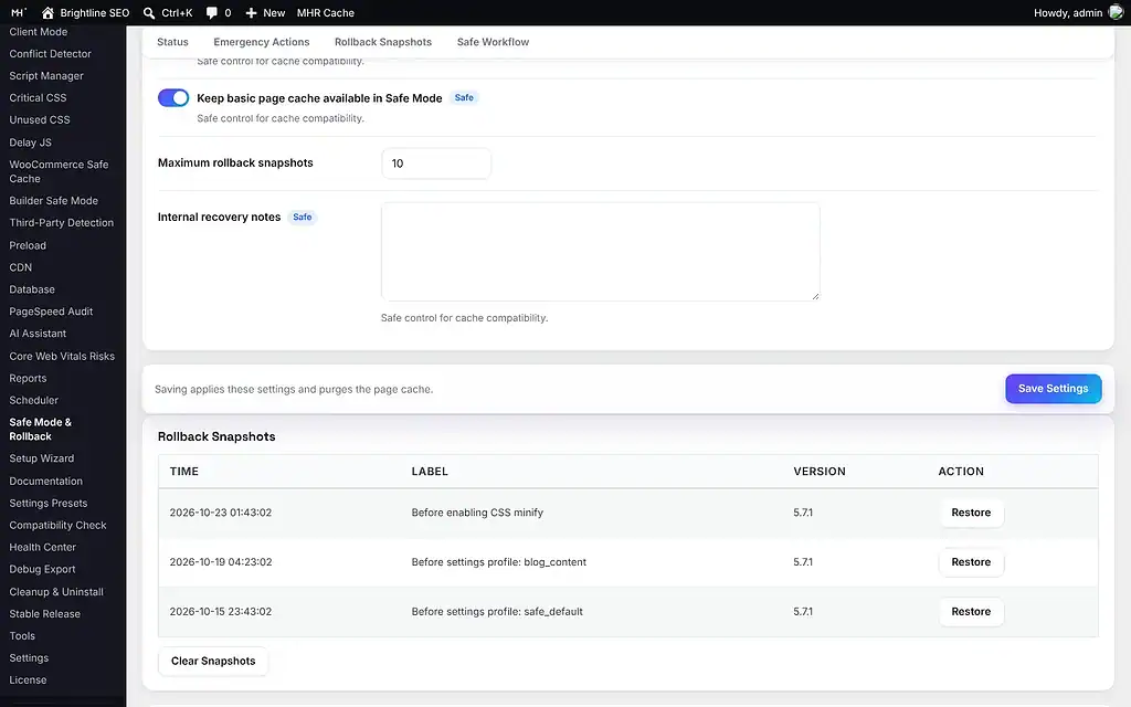 MHR Swift Cache — Safe Mode & Rollback