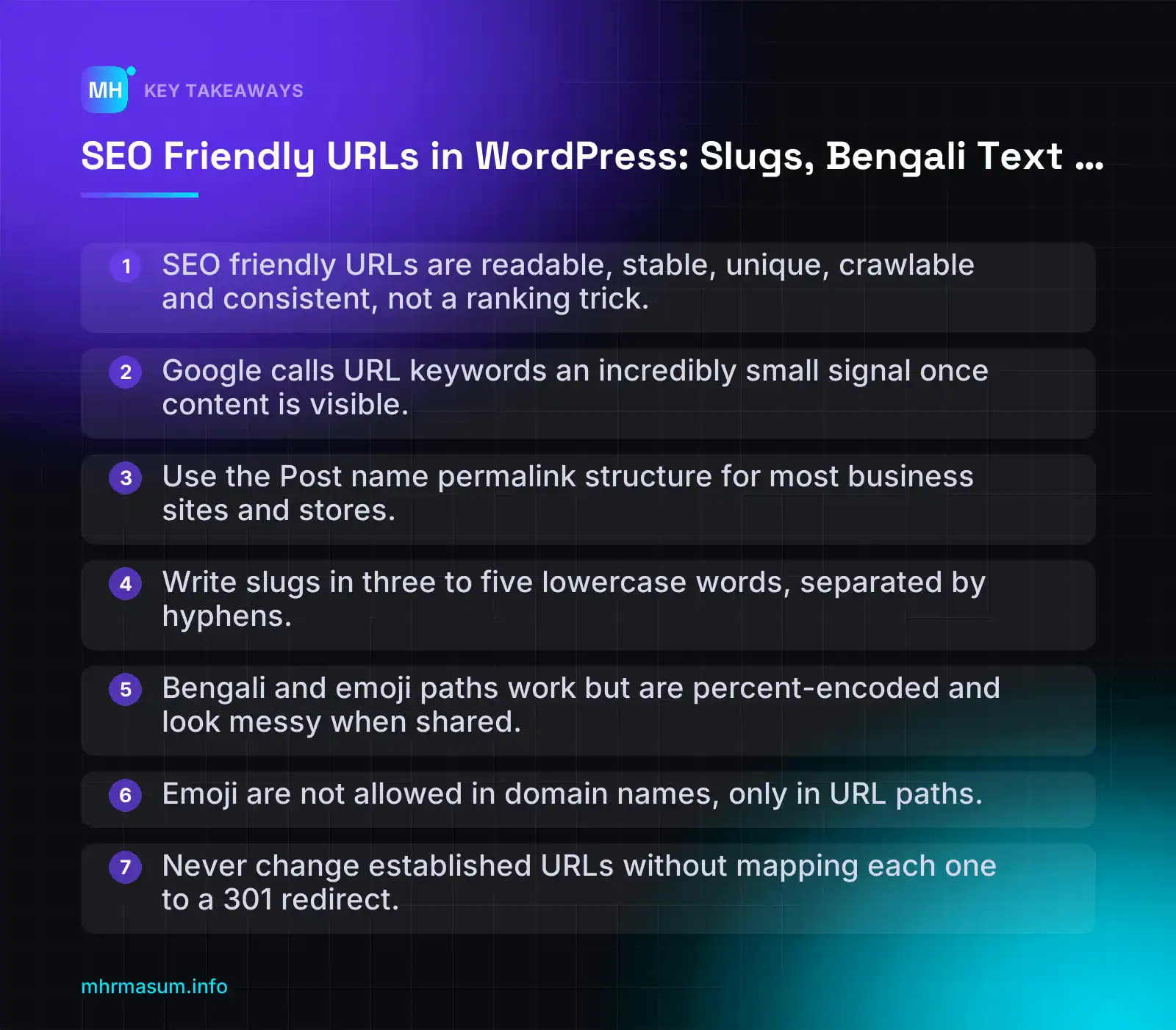 SEO Friendly URLs in WordPress: Slugs, Bengali Text & Emoji — key takeaways